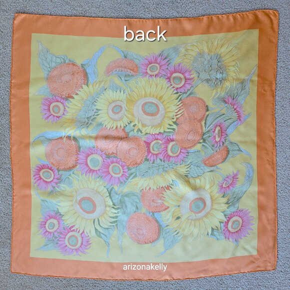 Large Silk Twill Scarf Hand-Rolled Sunflowers Floral Orange Yellow - Picture 12 of 12